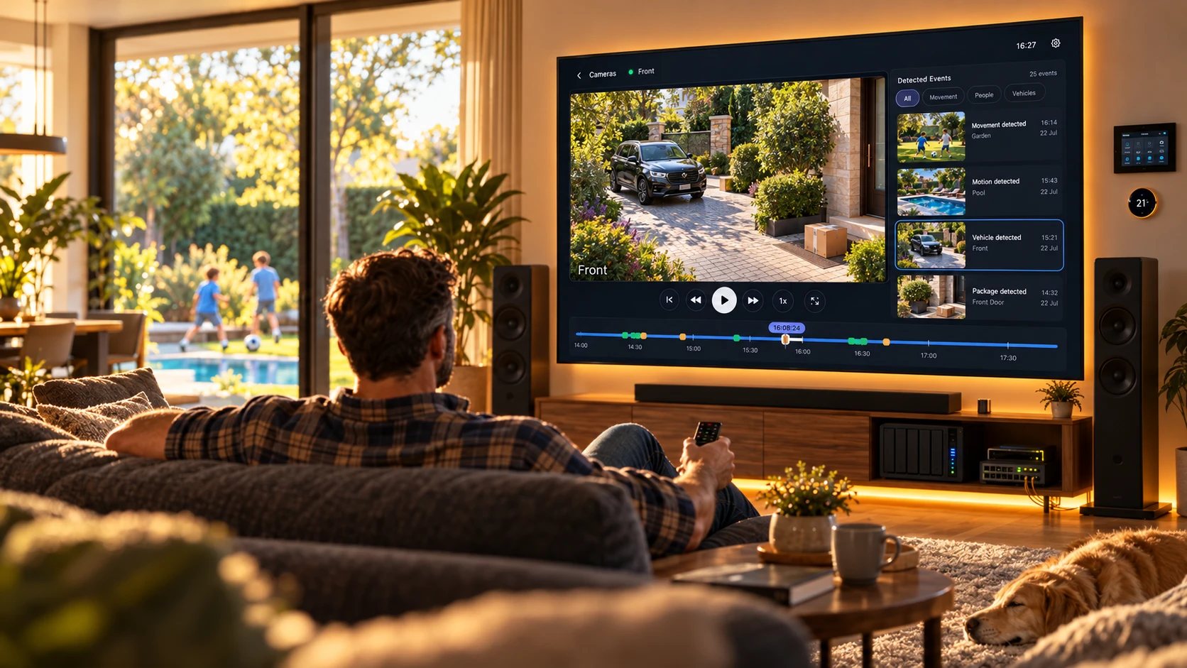 A man on the sofa with a remote, watching NasCam on the living room TV: a recorded driveway clip, a timeline with coloured event markers, and a list of detected events, while his children play outside