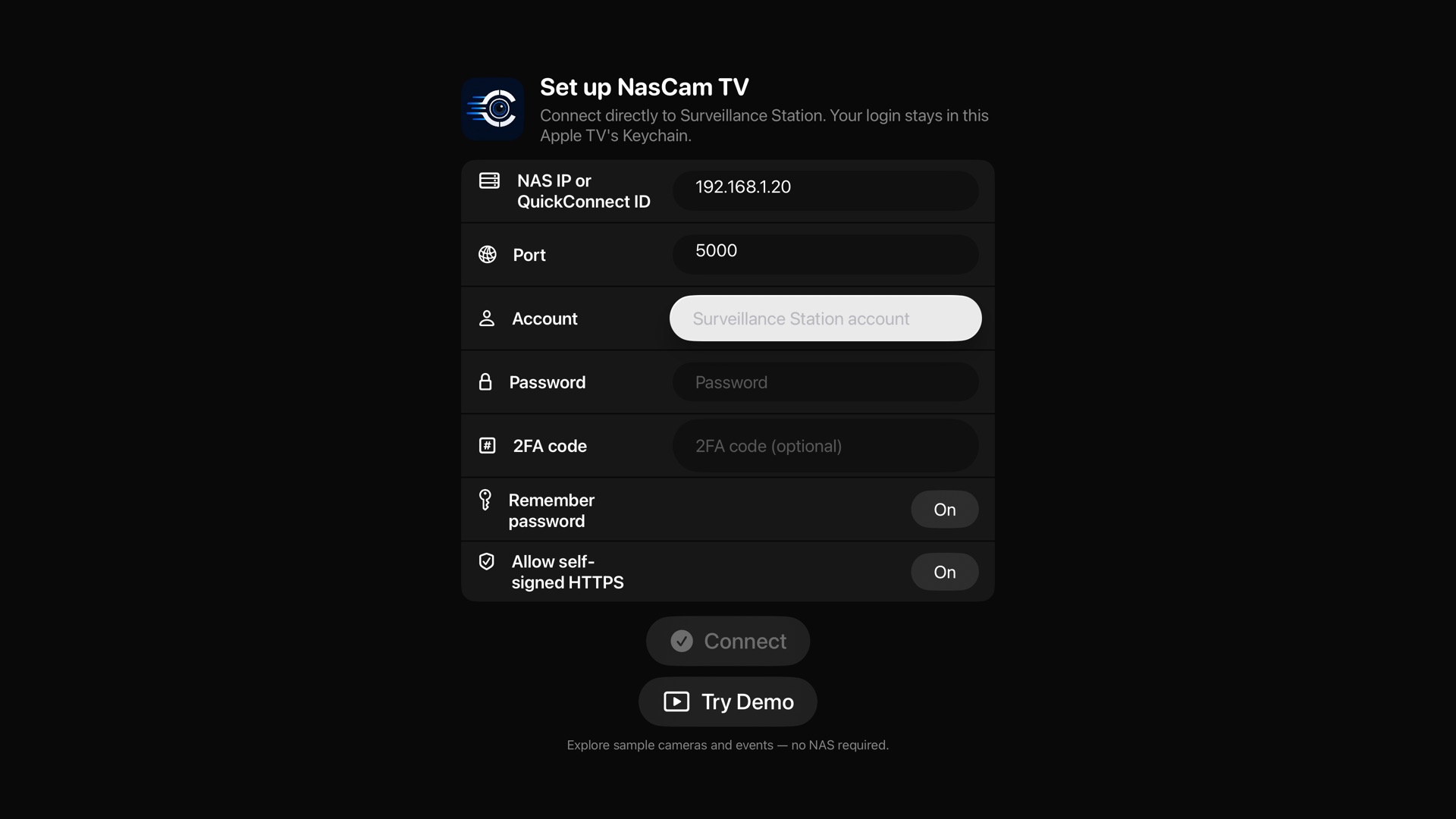 NasCam's setup screen, with fields for the NAS address, port and DSM account, and a Try Demo button